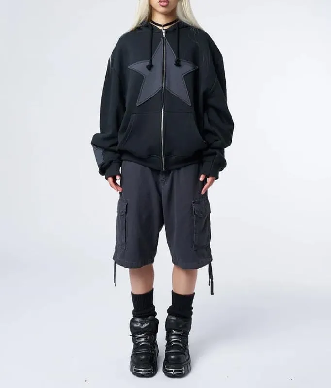 Women Y2k Star Print Hoodie Zip Up Oversized Sweatshirt Fairy Grunge Aesthetic Baggy Jacket Hurajuku Streetwear