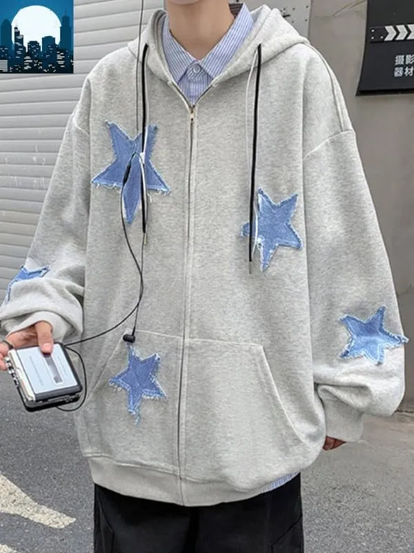 Women Y2k Star Print Hoodie Zip Up Oversized Sweatshirt Fairy Grunge Aesthetic Baggy Jacket Hurajuku Streetwear