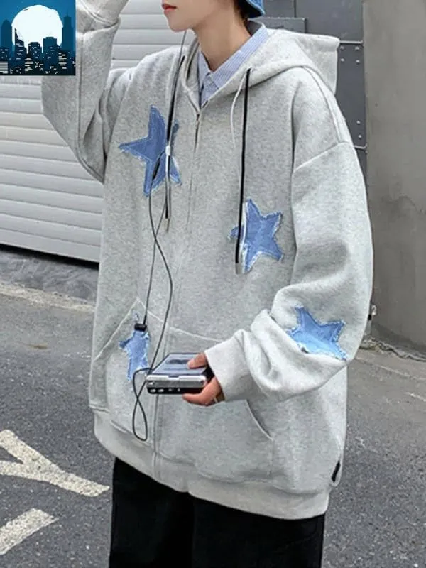 Women Y2k Star Print Hoodie Zip Up Oversized Sweatshirt Fairy Grunge Aesthetic Baggy Jacket Hurajuku Streetwear