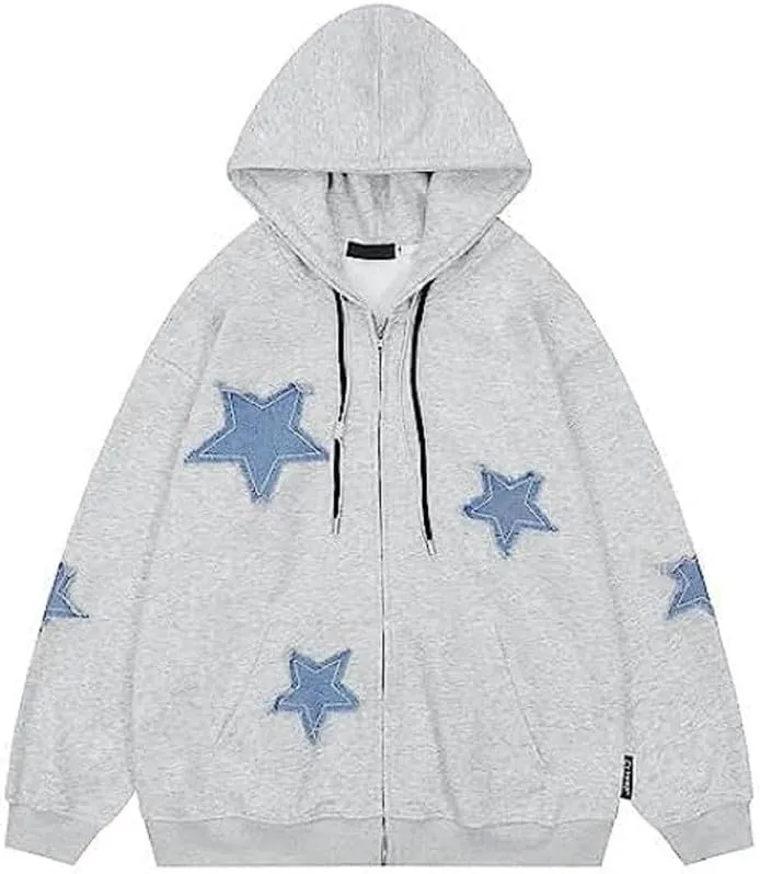 Women Y2k Star Print Hoodie Zip Up Oversized Sweatshirt Fairy Grunge Aesthetic Baggy Jacket Hurajuku Streetwear
