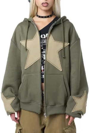 Women Y2k Star Print Hoodie Zip Up Oversized Sweatshirt Fairy Grunge Aesthetic Baggy Jacket Hurajuku Streetwear