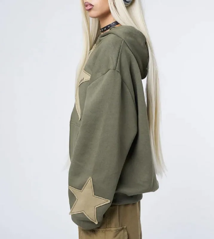 Women Y2k Star Print Hoodie Zip Up Oversized Sweatshirt Fairy Grunge Aesthetic Baggy Jacket Hurajuku Streetwear