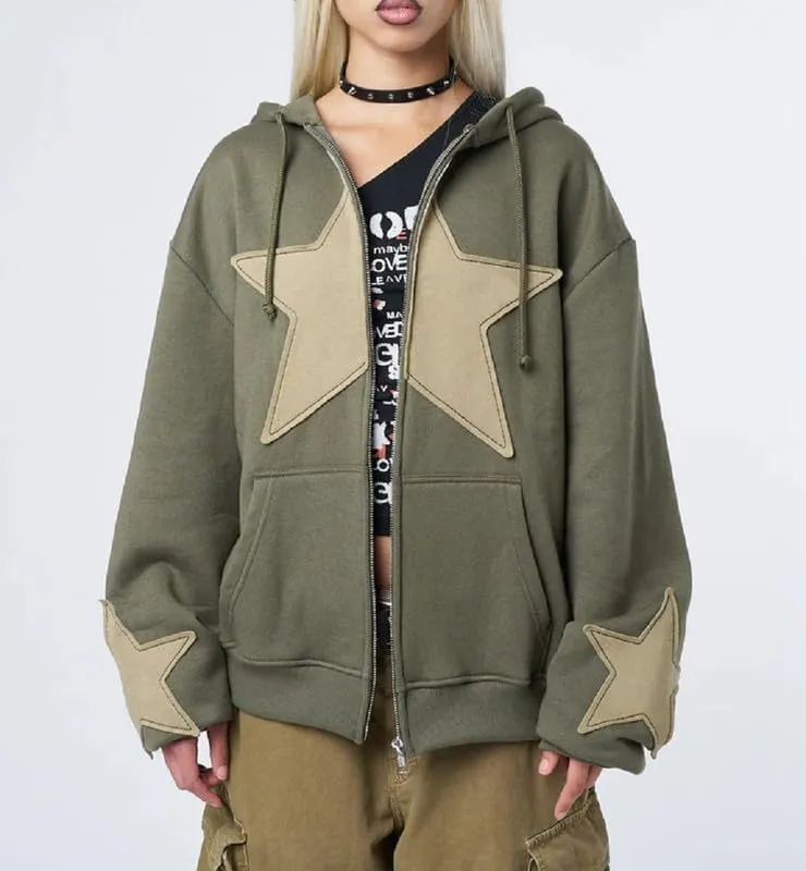 Women Y2k Star Print Hoodie Zip Up Oversized Sweatshirt Fairy Grunge Aesthetic Baggy Jacket Hurajuku Streetwear