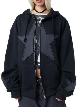 Women Y2k Star Print Hoodie Zip Up Oversized Sweatshirt Fairy Grunge Aesthetic Baggy Jacket Hurajuku Streetwear