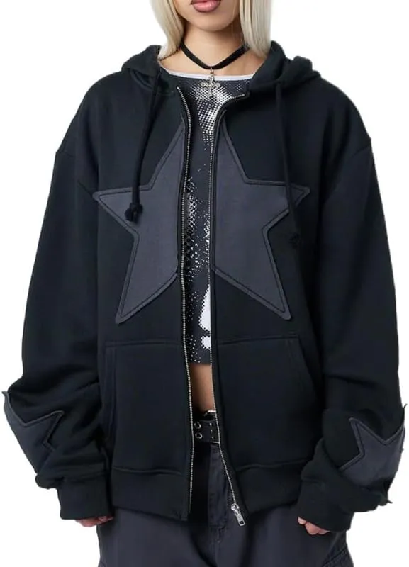 Women Y2k Star Print Hoodie Zip Up Oversized Sweatshirt Fairy Grunge Aesthetic Baggy Jacket Hurajuku Streetwear