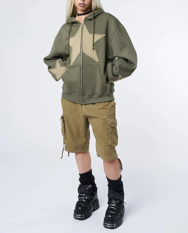 Women Y2K Zip Up Hoodie Star Printed Oversized Sweatshirts Fairy Grunge Graphic Hooded Jacket Harajuku Streetwear