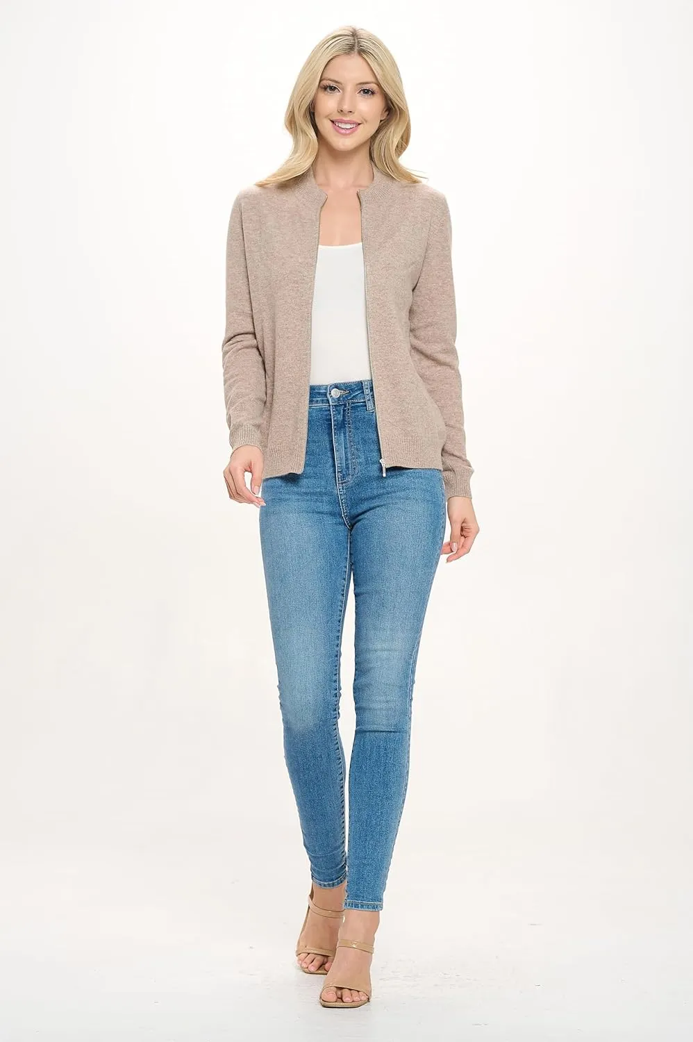 Women's 100% Cashmere Soft Long Sleeve Crew Neck Open Zip Cardigan
