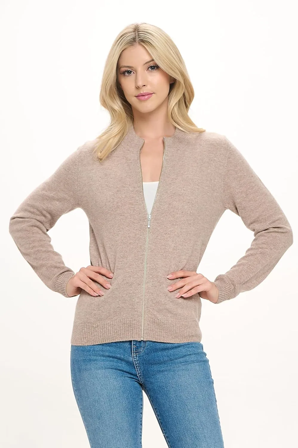 Women's 100% Cashmere Soft Long Sleeve Crew Neck Open Zip Cardigan