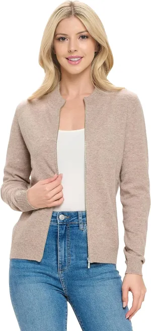 Women's 100% Cashmere Soft Long Sleeve Crew Neck Open Zip Cardigan
