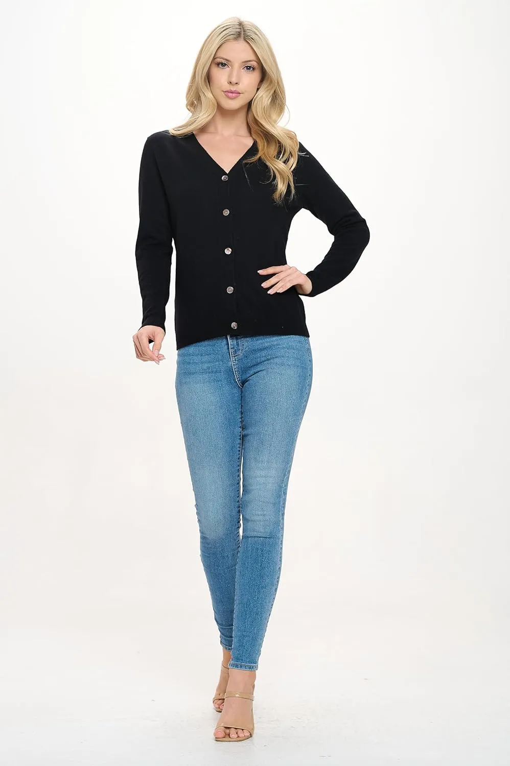 Women's 100% Cashmere Soft Long Sleeve V Neck Button Cardigan
