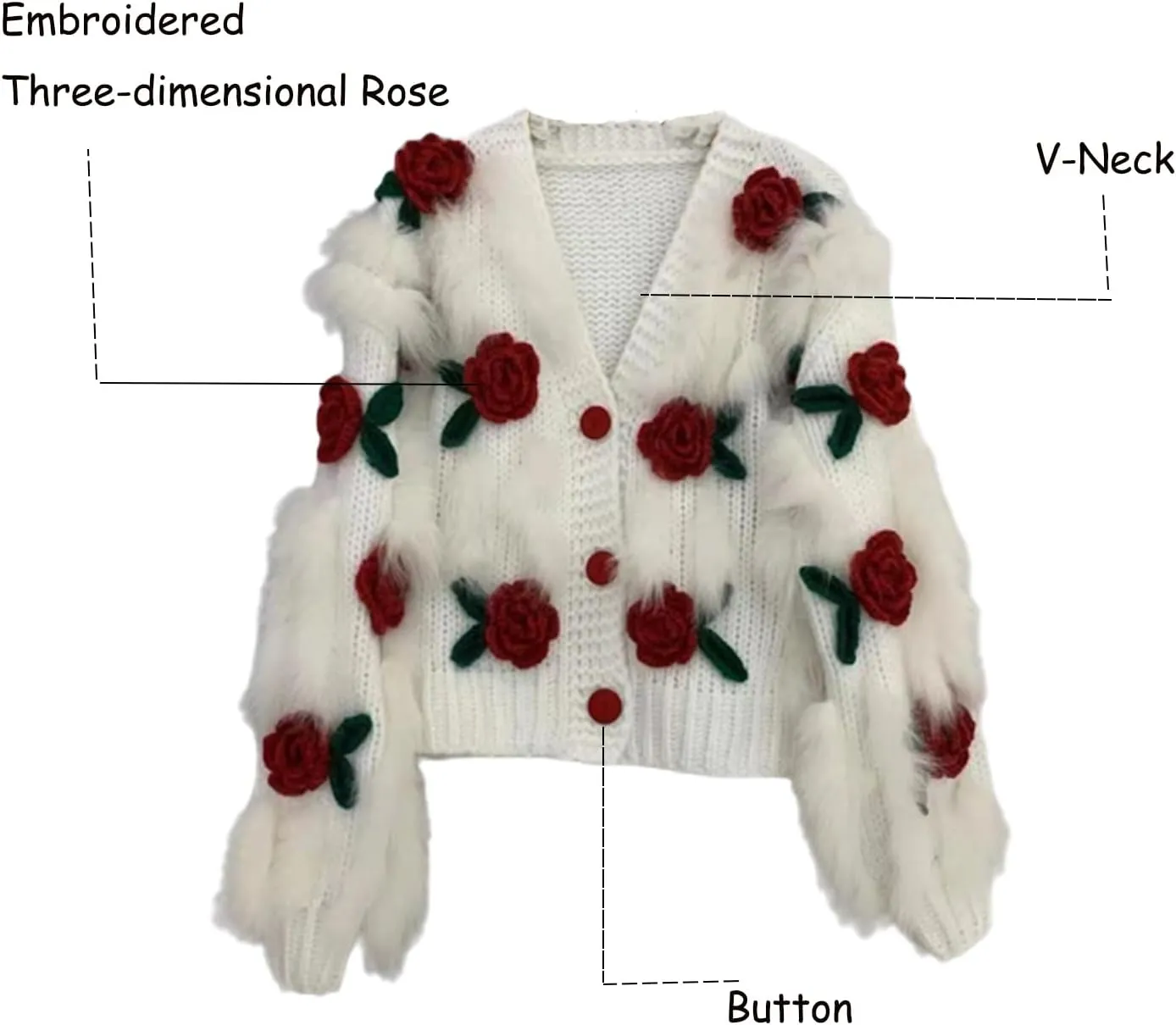 Women's 3D Flowers Embroidered Sweater V-Neck Button Down Y2K Crochet Knit Cardigan Kawaii Rose Flowers Cropped Cardiga