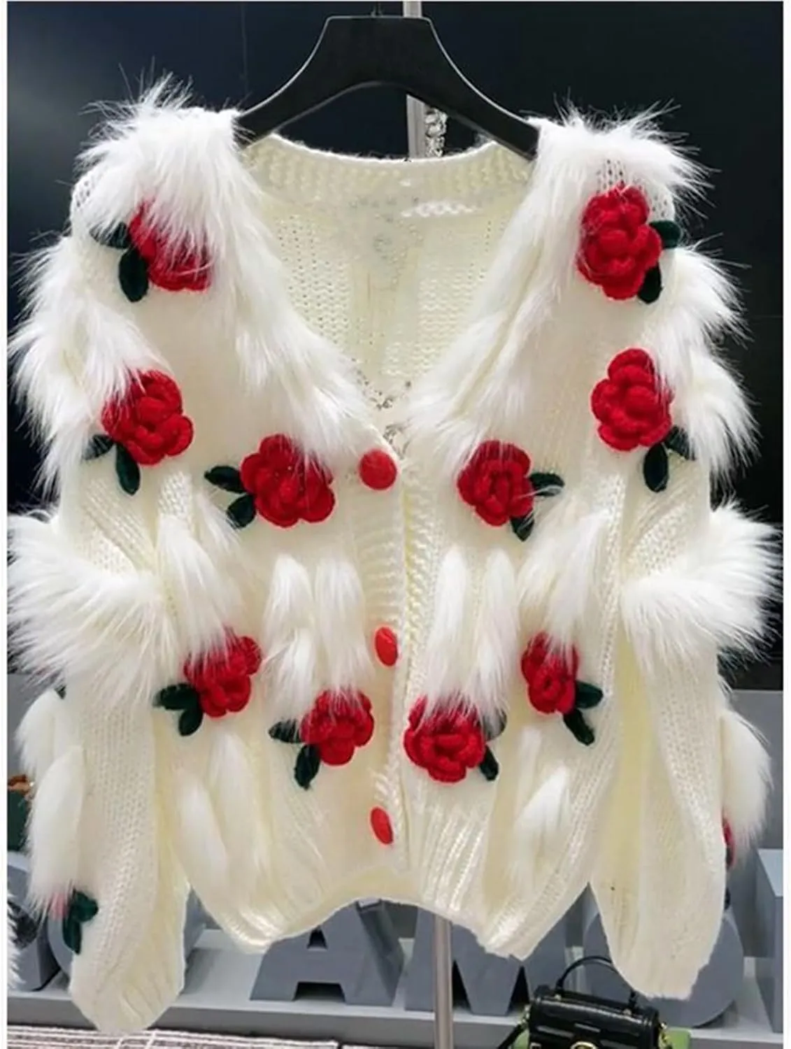 Women's 3D Flowers Embroidered Sweater V-Neck Button Down Y2K Crochet Knit Cardigan Kawaii Rose Flowers Cropped Cardiga