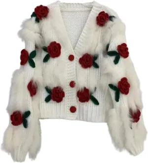 Women's 3D Flowers Embroidered Sweater V-Neck Button Down Y2K Crochet Knit Cardigan Kawaii Rose Flowers Cropped Cardiga