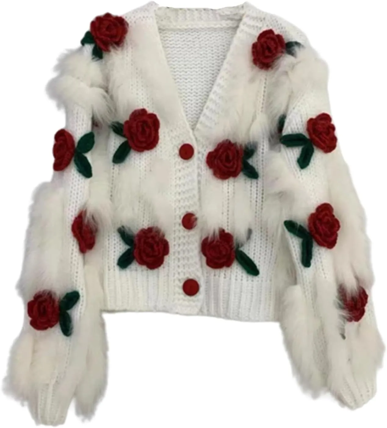 Women's 3D Flowers Embroidered Sweater V-Neck Button Down Y2K Crochet Knit Cardigan Kawaii Rose Flowers Cropped Cardiga