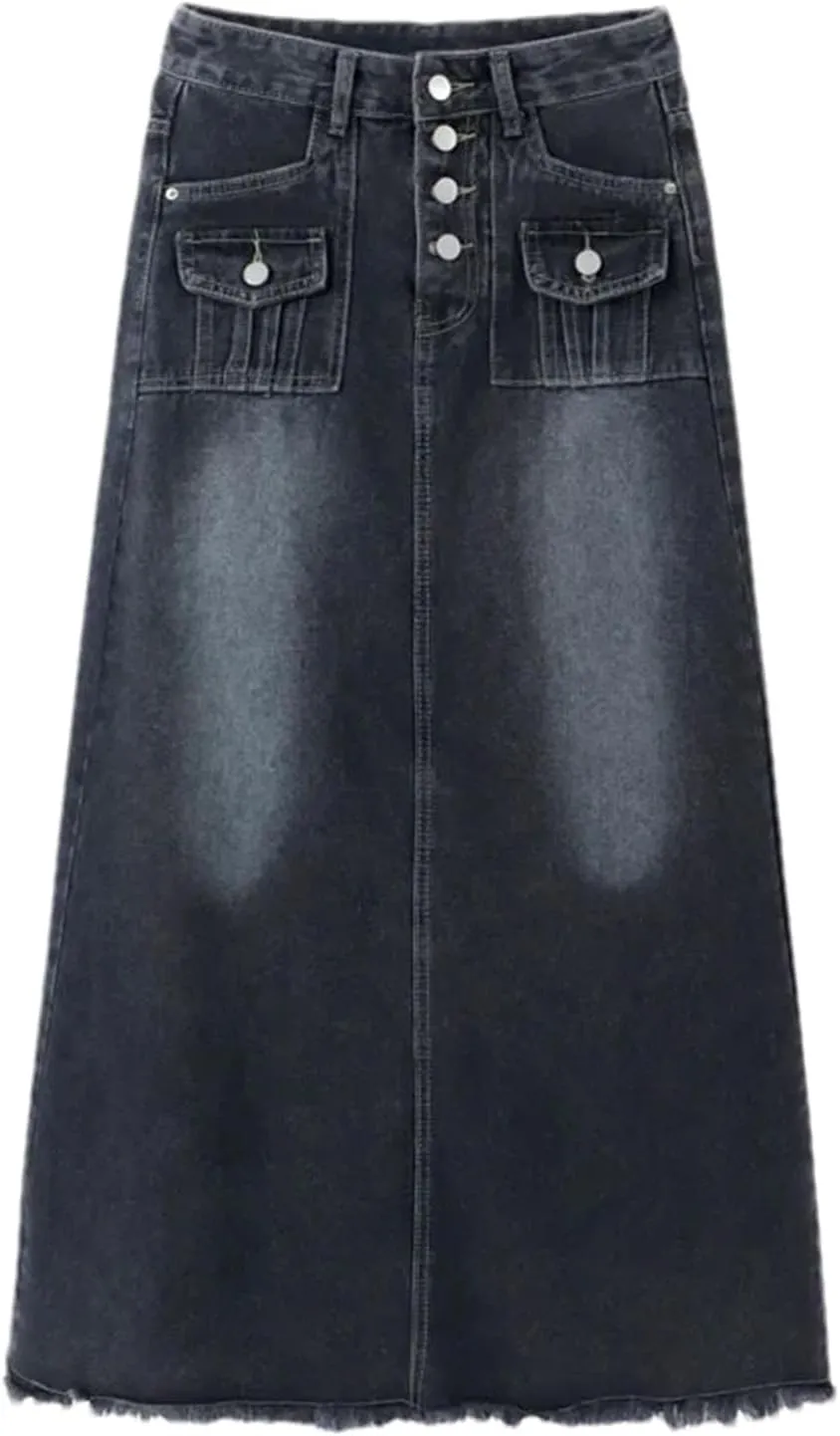 Women's A- Line Long Loose Fit Jeans Skirts Vintage High-Waisted Pencil Denim Skirt