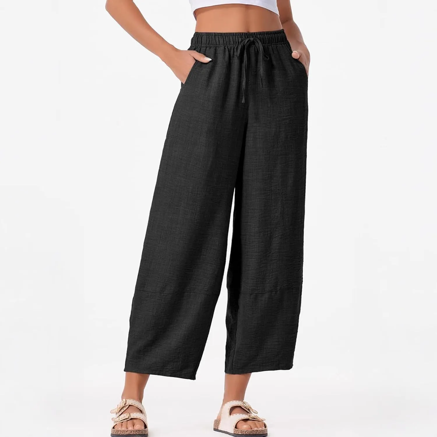Womens Baggy Wide Leg Pants Casual Drawstring Elastic Waist Linen Carpi Pants Summer 2025 Harem Trousers with Pockets