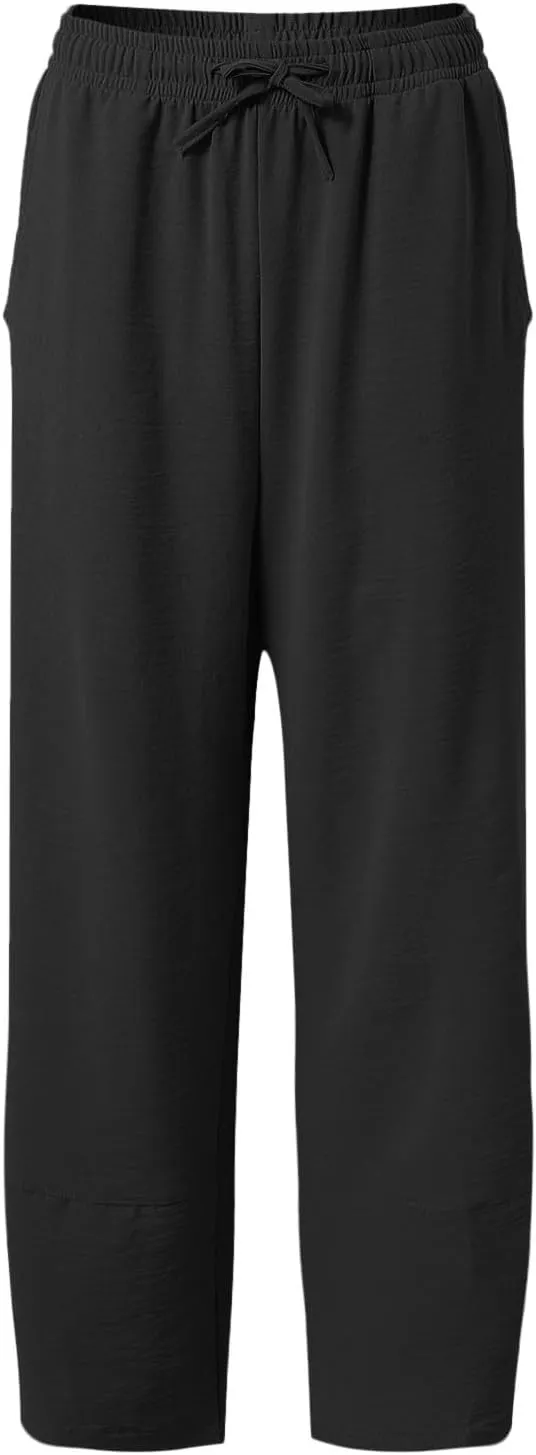 Womens Baggy Wide Leg Pants Casual Drawstring Elastic Waist Linen Carpi Pants Summer 2025 Harem Trousers with Pockets
