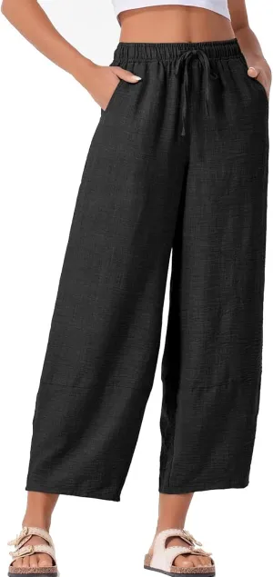 Womens Baggy Wide Leg Pants Casual Drawstring Elastic Waist Linen Carpi Pants Summer 2025 Harem Trousers with Pockets