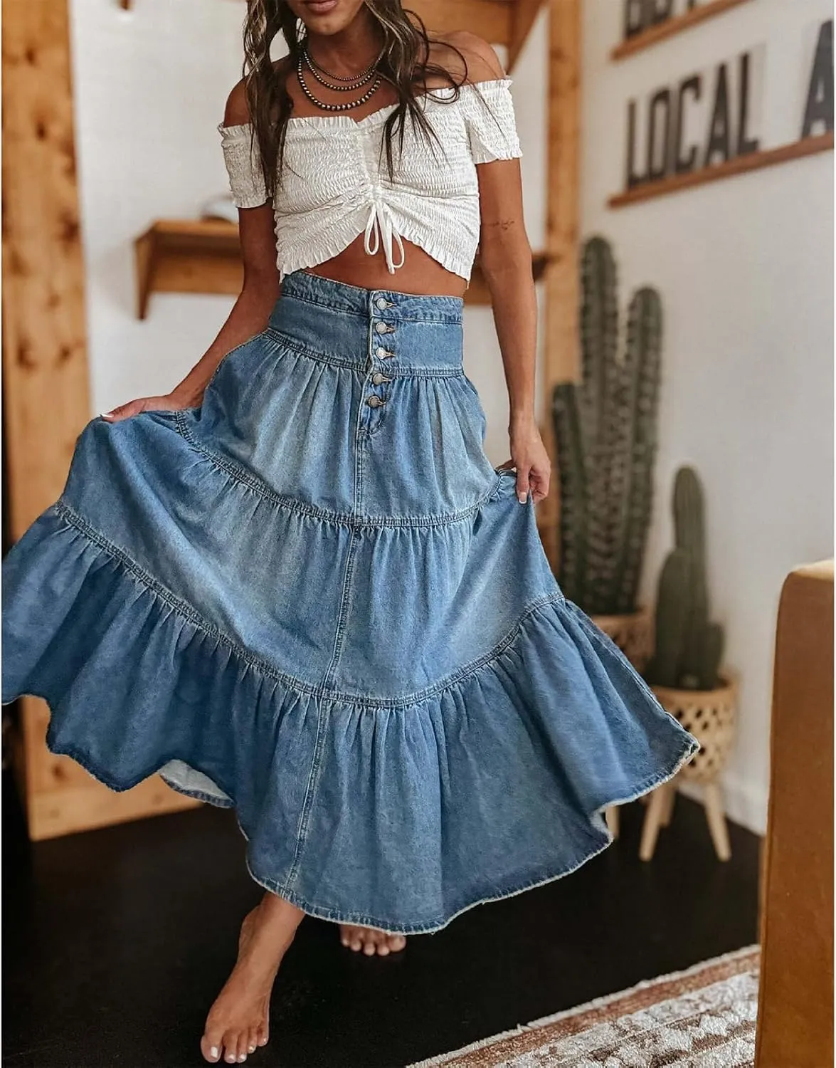 Womens Button Down Denim Skirt Casual High Waist Tiered Long Jean Skirt A-Line Ruffle Maxi Skirt with Pockets