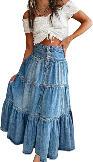 Womens Button Down Denim Skirt Casual High Waist Tiered Long Jean Skirt A-Line Ruffle Maxi Skirt with Pockets