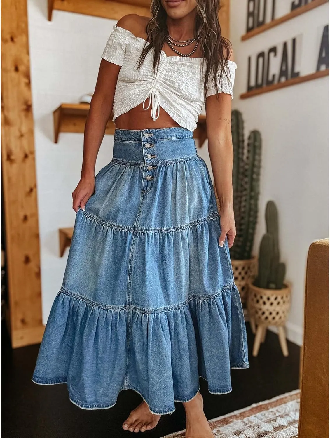 Womens Button Down Denim Skirt Casual High Waist Tiered Long Jean Skirt A-Line Ruffle Maxi Skirt with Pockets