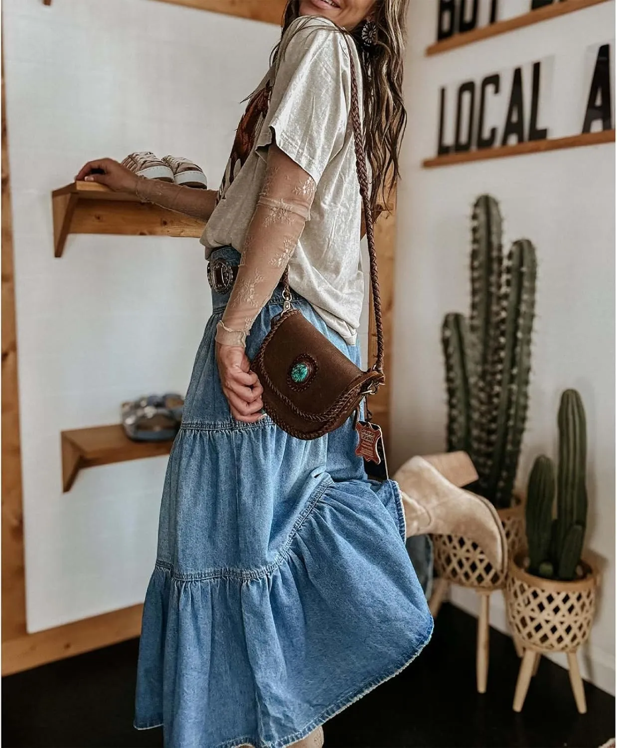 Womens Button Down Denim Skirt Casual High Waist Tiered Long Jean Skirt A-Line Ruffle Maxi Skirt with Pockets