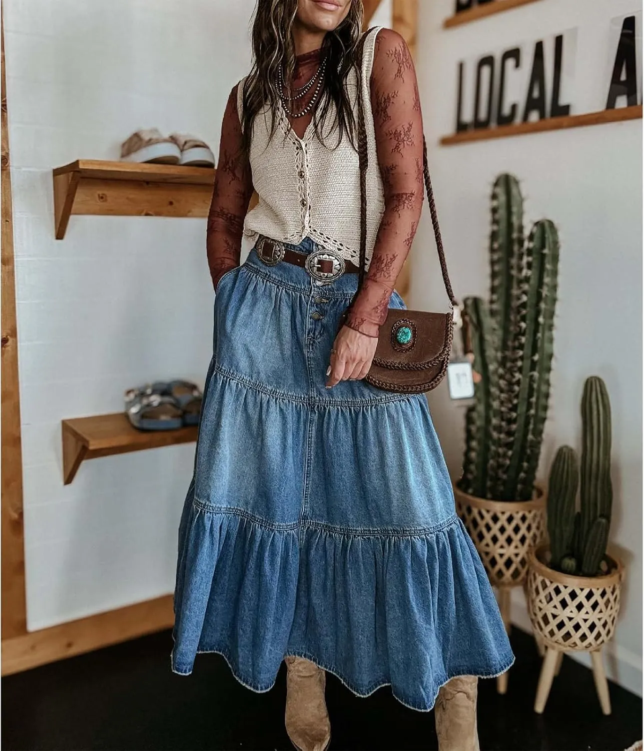 Womens Button Down Denim Skirt Casual High Waist Tiered Long Jean Skirt A-Line Ruffle Maxi Skirt with Pockets
