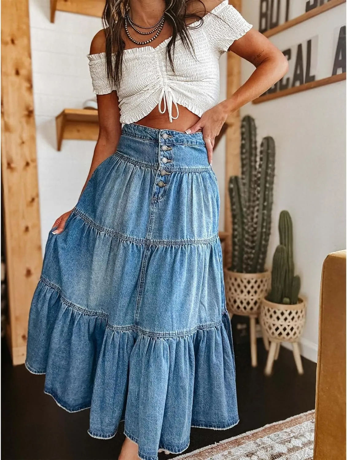 Womens Button Down Denim Skirt Casual High Waist Tiered Long Jean Skirt A-Line Ruffle Maxi Skirt with Pockets