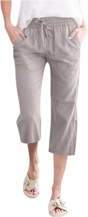 Women's Capri Summer Cotton Linen Pants Casual 2025 Drawstring Elastic Waist Cropped Trousers Beach Clothes