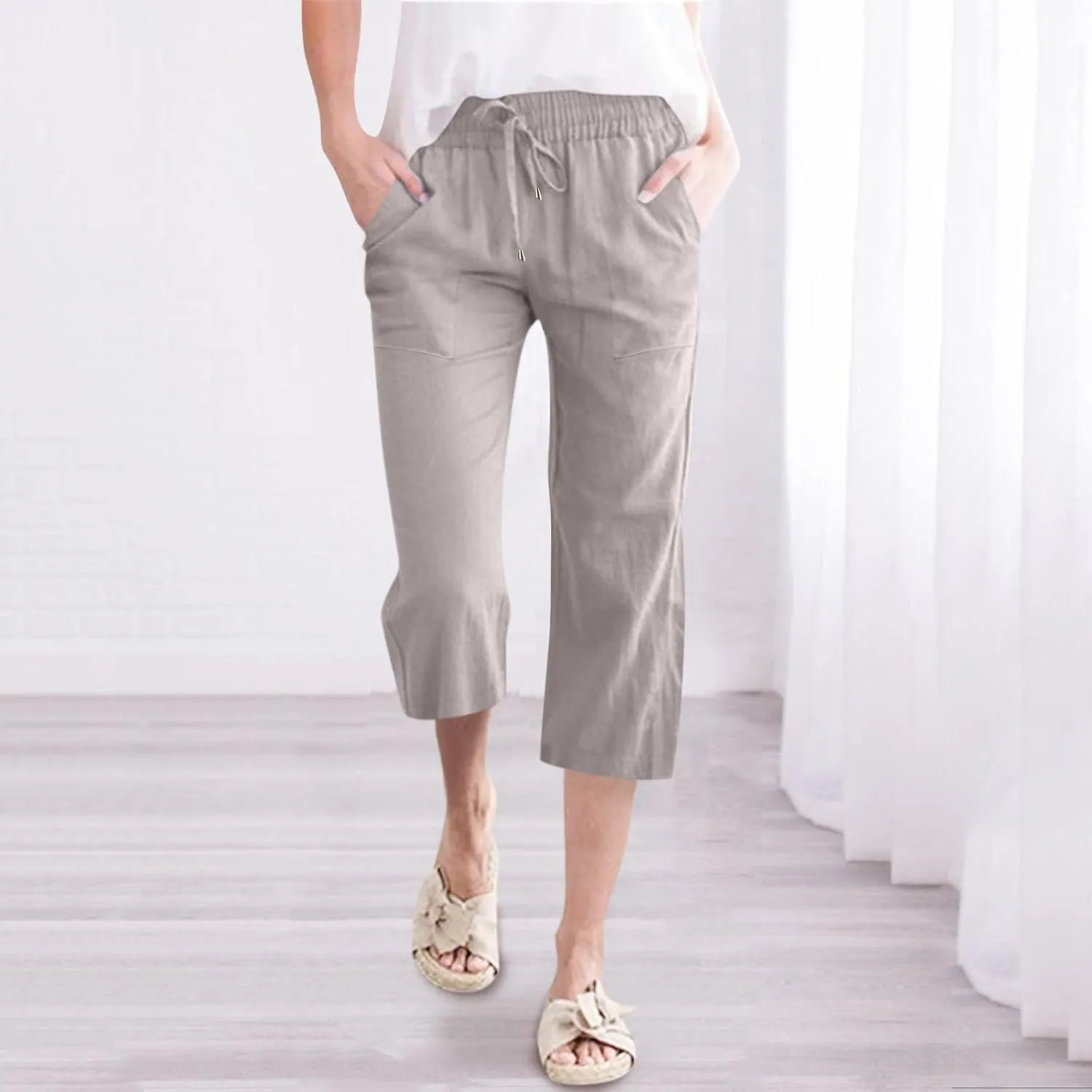 Women's Capri Summer Cotton Linen Pants Casual 2025 Drawstring Elastic Waist Cropped Trousers Beach Clothes
