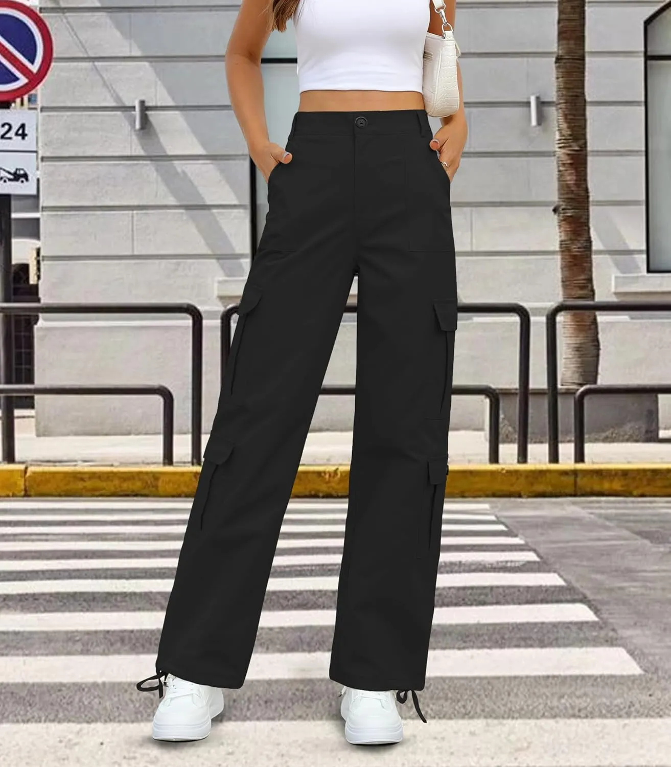 Womens Cargo Pants High Waisted Wide Leg Casual Pants Baggy Y2k Trousers with 8 Pockets