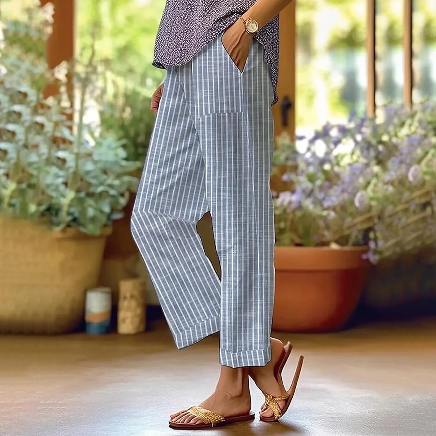 Women's Casual Boho Floral Print Stripe Cotton Linen Pants Elastic Waisted Drawstring Summer Spring Beach Baggy Capri