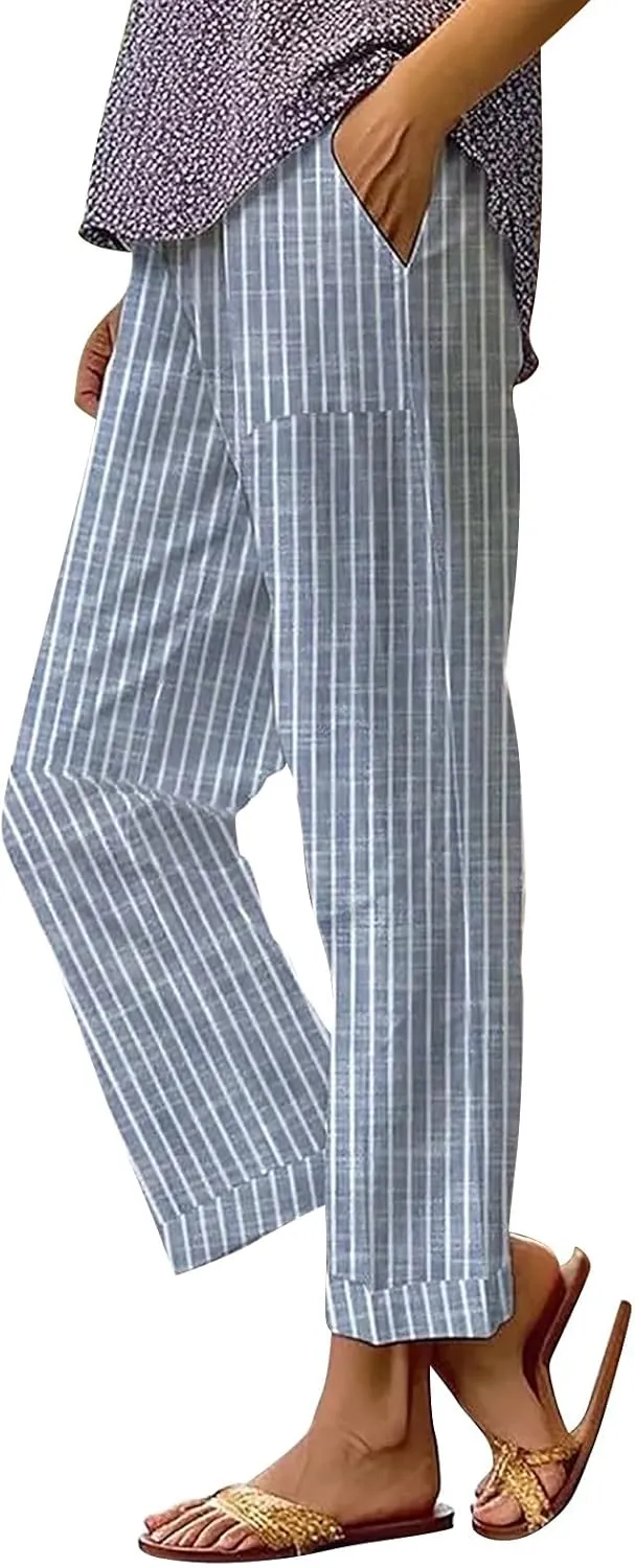 Women's Casual Boho Floral Print Stripe Cotton Linen Pants Elastic Waisted Drawstring Summer Spring Beach Baggy Capri