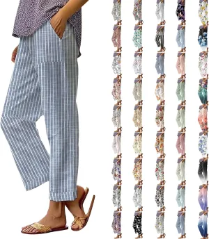 Women's Casual Boho Floral Print Stripe Cotton Linen Pants Elastic Waisted Drawstring Summer Spring Beach Baggy Capri