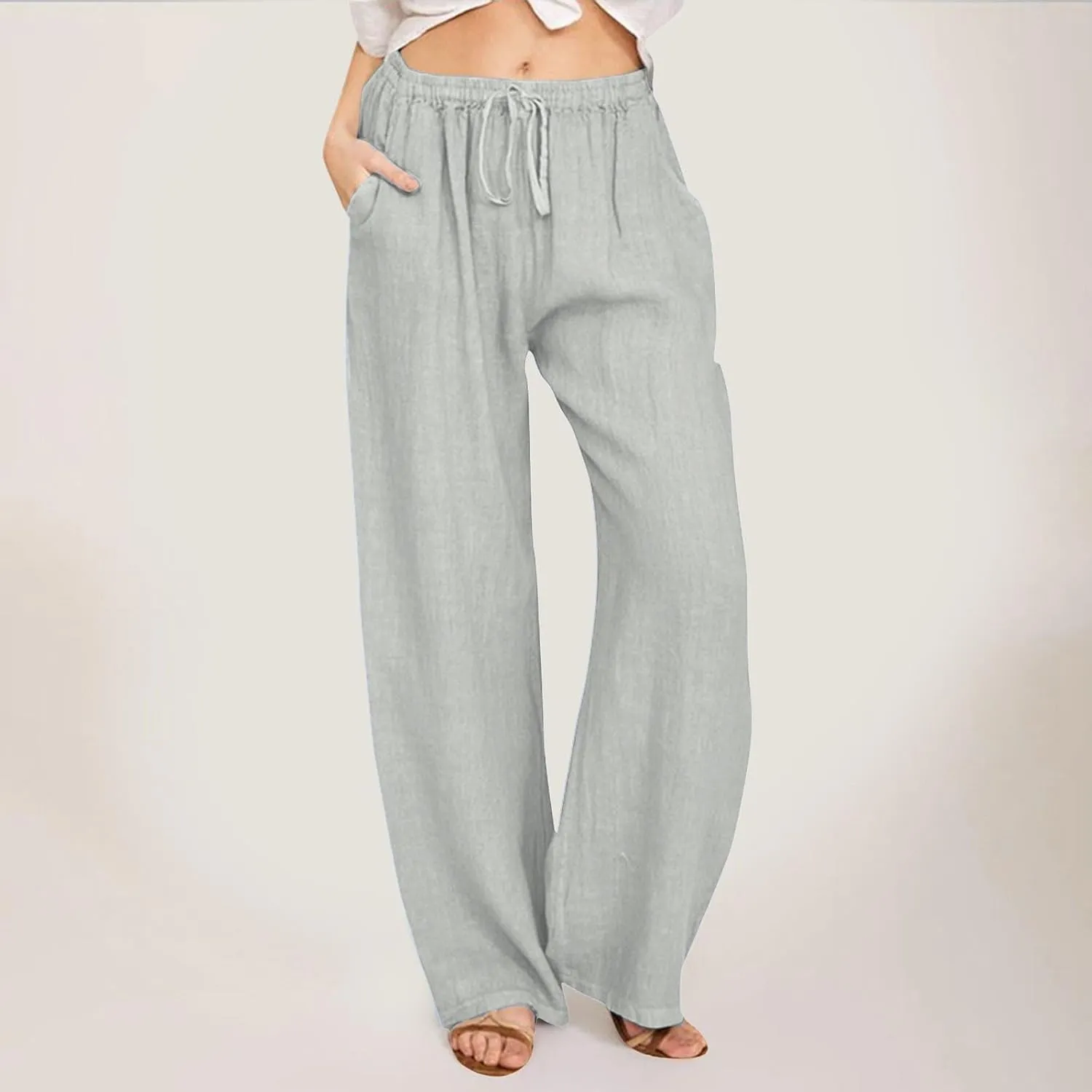 Women's Casual Pants Linen Pants Summer Wide Leg Casual Loose Drawstring High Waist Palazzo Pants Trousers with Pockets