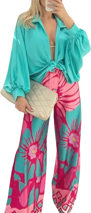 Women's Casual Two Piece Outfits Sexy Tops Wide Leg High Waist Palazzo Pants 2025 Out wear Matching Set