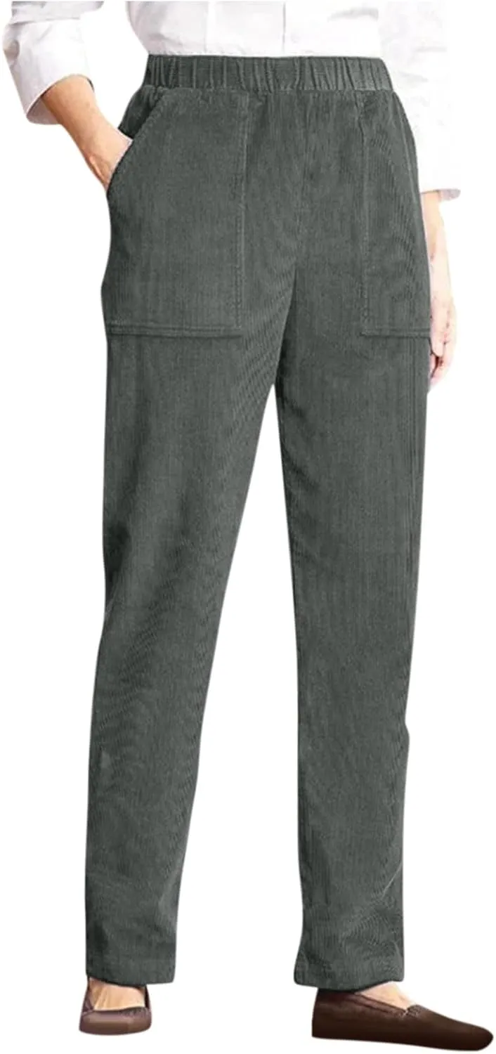 Women's Corduroy Pants Casual High Waist Straight Leg Pants Solid Color Comfy Baggy Pants Trousers with Pockets