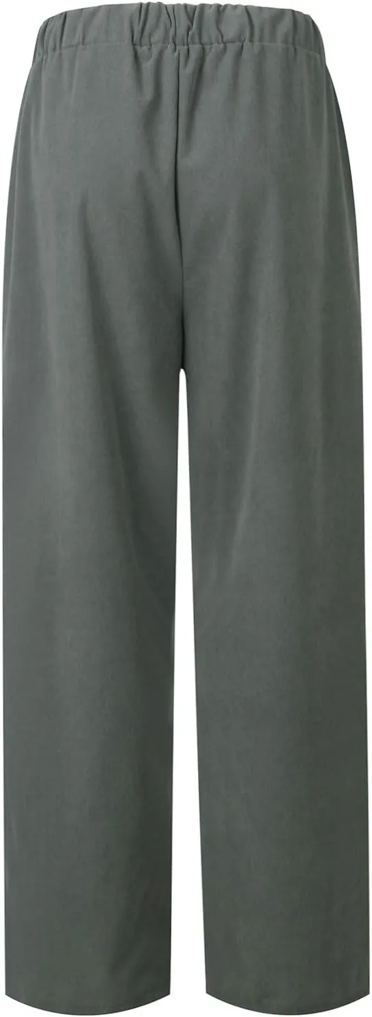 Women's Corduroy Pants Casual High Waist Straight Leg Pants Solid Color Comfy Baggy Pants Trousers with Pockets