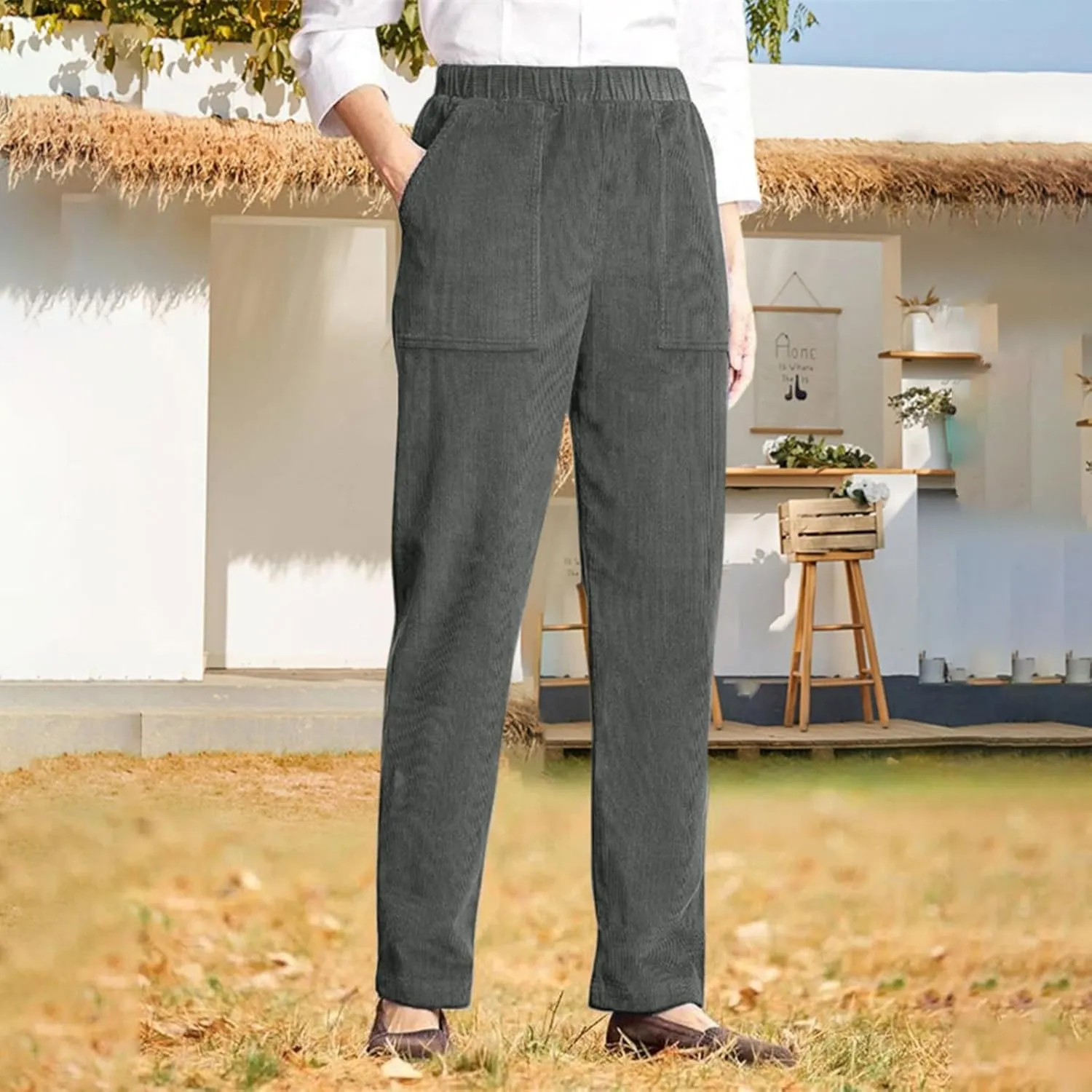 Women's Corduroy Pants Casual High Waist Straight Leg Pants Solid Color Comfy Baggy Pants Trousers with Pockets