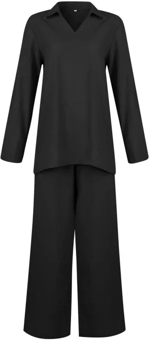 Womens Cotton Blend 2 Piece Pants Suits Casual Lapel Neck Long Sleeve Shirt Tops Side Split Hem Wide Leg Pants Set