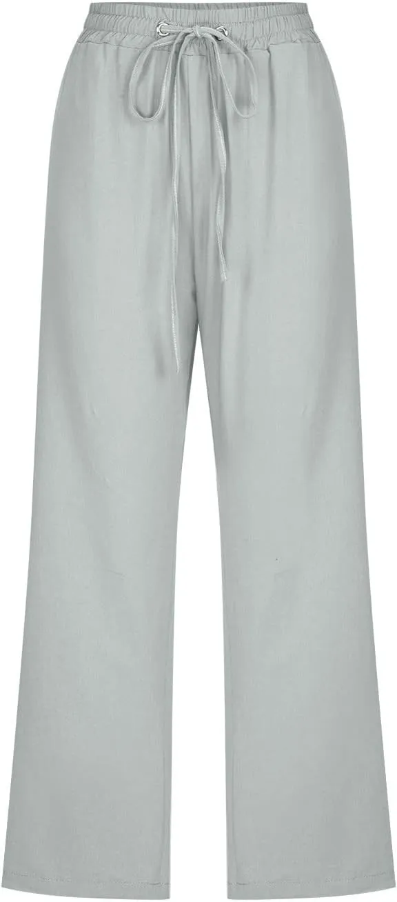 Womens Cotton Linen Capri Pants Casual Summer Pants Plus Size Drawstring Elastic Waist Cropped Trouser with Pockets