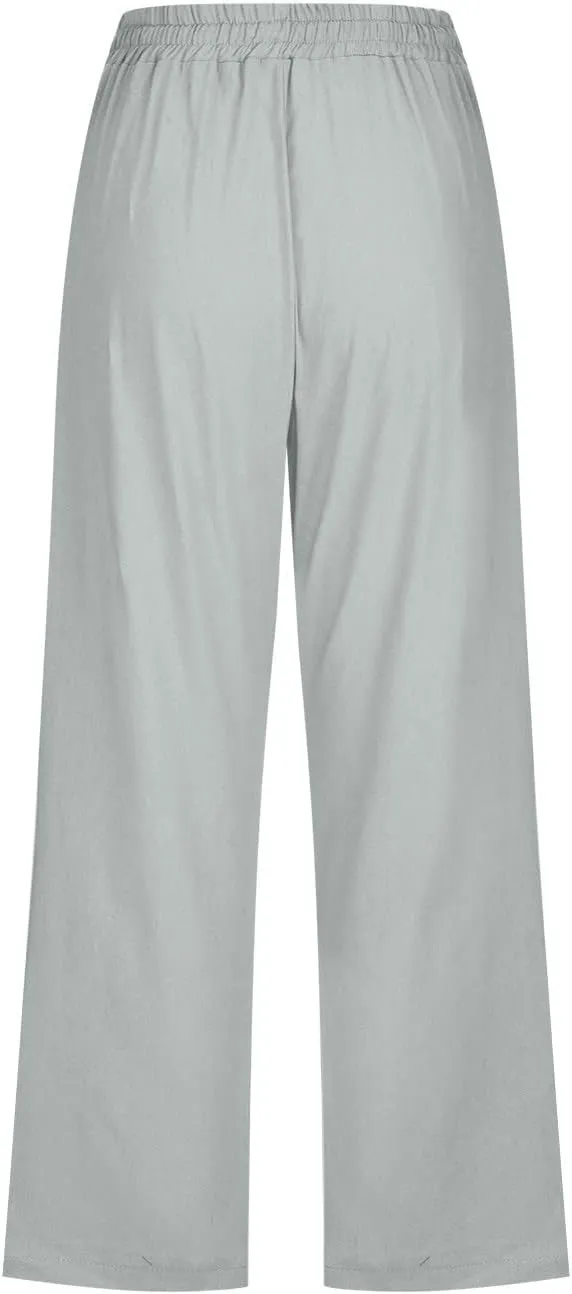 Womens Cotton Linen Capri Pants Casual Summer Pants Plus Size Drawstring Elastic Waist Cropped Trouser with Pockets