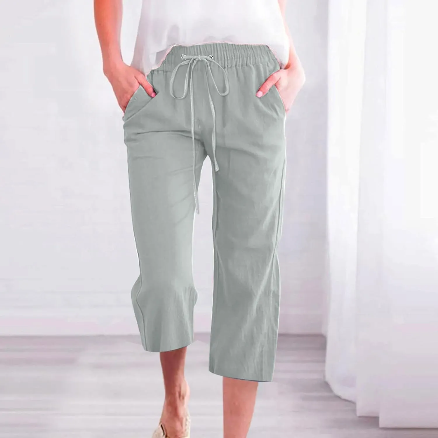 Womens Cotton Linen Capri Pants Casual Summer Pants Plus Size Drawstring Elastic Waist Cropped Trouser with Pockets