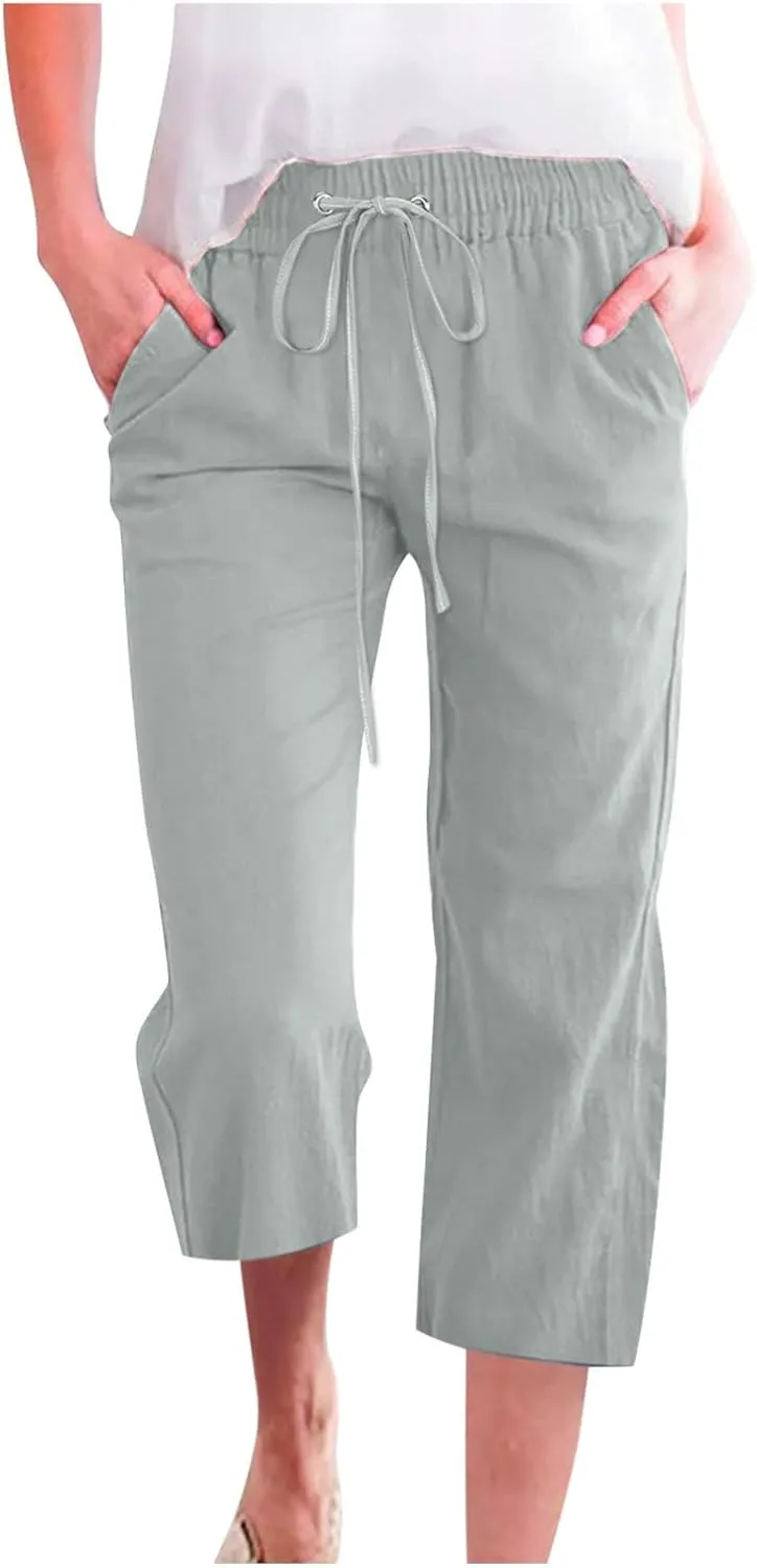 Womens Cotton Linen Capri Pants Casual Summer Pants Plus Size Drawstring Elastic Waist Cropped Trouser with Pockets