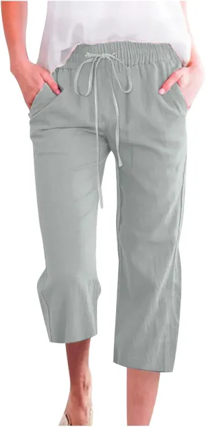 Womens Cotton Linen Capri Pants Casual Summer Pants Plus Size Drawstring Elastic Waist Cropped Trouser with Pockets