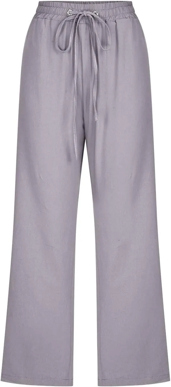 Womens Cotton Linen Capri Pants Casual Summer Pants Plus Size Drawstring Elastic Waist Cropped Trouser with Pockets