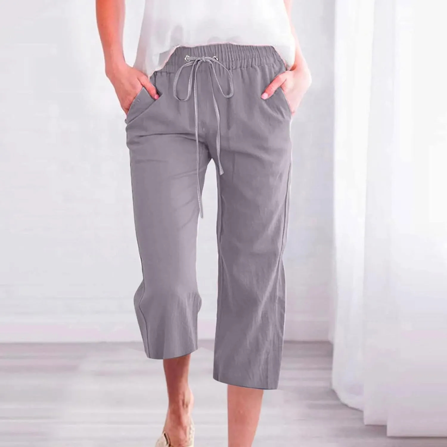 Womens Cotton Linen Capri Pants Casual Summer Pants Plus Size Drawstring Elastic Waist Cropped Trouser with Pockets