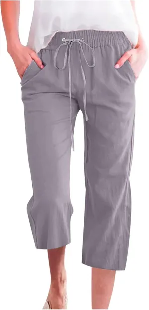 Womens Cotton Linen Capri Pants Casual Summer Pants Plus Size Drawstring Elastic Waist Cropped Trouser with Pockets