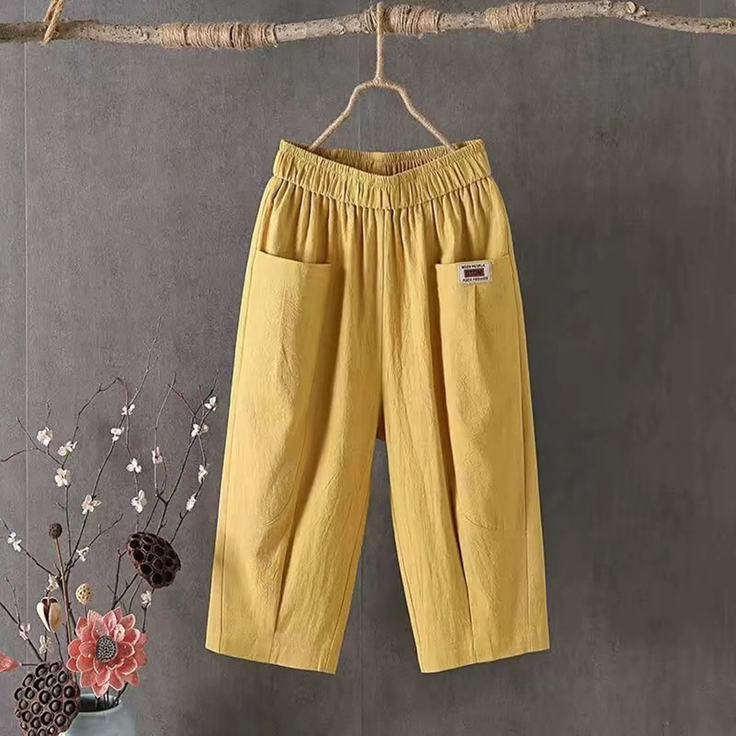 Women's Cotton Linen Carpi Pants Summer Wide Leg Casual Loose Lightweight High Waisted Pants Trousers with Pockets