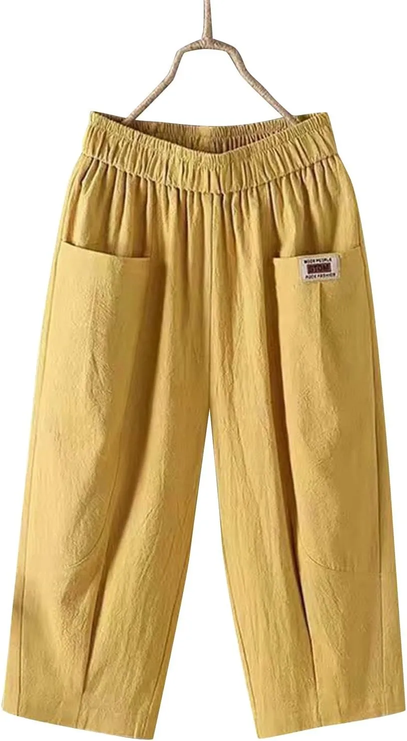 Women's Cotton Linen Carpi Pants Summer Wide Leg Casual Loose Lightweight High Waisted Pants Trousers with Pockets